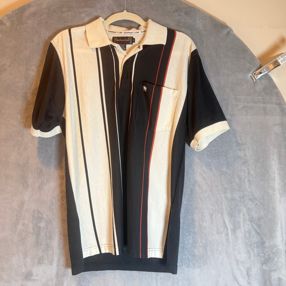 Vintage Style Striped Polo Shirt Men’s Large Black Cream